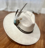 Boho Western Hat in Bone - Blue Turquoise and Spotted Feather