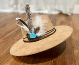 Boho Western Hat in Tan - Blue Turquoise and Spotted Feather