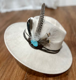 Boho Western Hat in Bone - Blue Turquoise and Spotted Feather