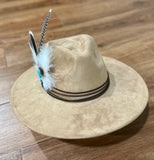 Boho Western Hat in Tan - Blue Turquoise and Spotted Feather