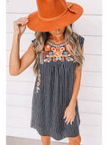 Blue Embroidered Striped Print Sleeveless Mini Dress