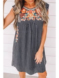 Blue Embroidered Striped Print Sleeveless Mini Dress