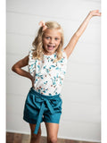 White & Teal Floral Ruffle Spring Summer Short Set
