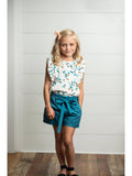 White & Teal Floral Ruffle Spring Summer Short Set