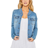 Distressed Button Up Stretchy Cotton Denim Jacket - Light Blue