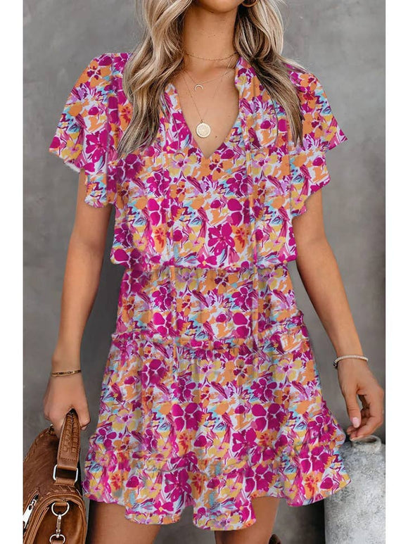 Multicolor Floral Print Tie V Neck Ruffle Mini Dress