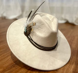 Boho Western Hat in Bone - Blue Turquoise and Spotted Feather