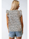 Leopard Ruffle Sleeve Embellished V-Neck Blouse