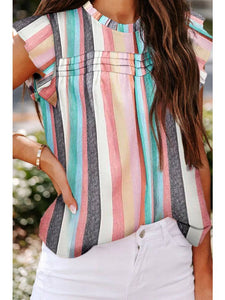 Striped Color Block Ruffled O-Neck Sleeveless Top